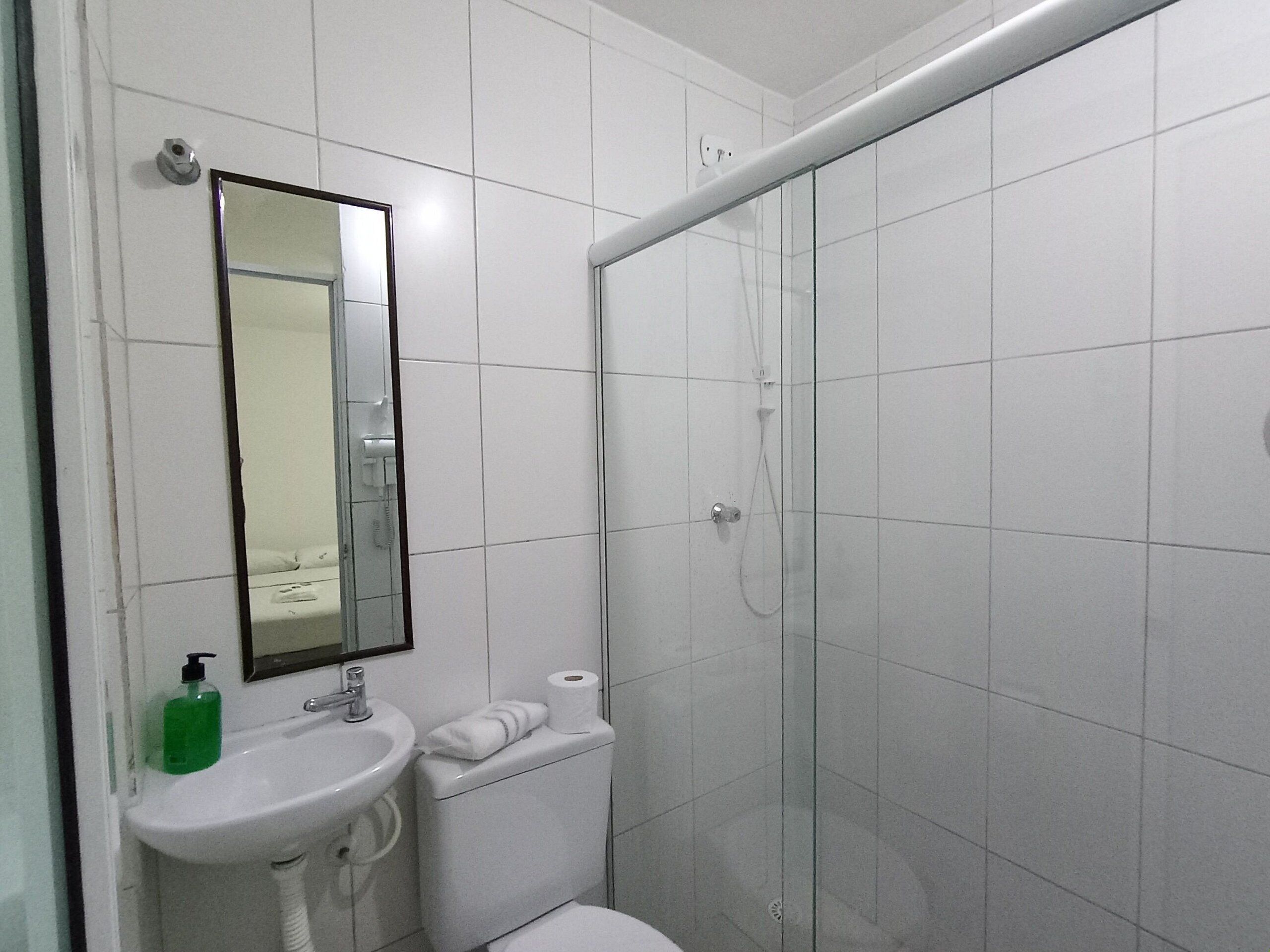 A bathroom with a sink, toilet, and a glass-enclosed shower stall.