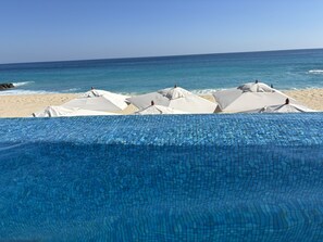 On the beach, sun loungers, beach towels