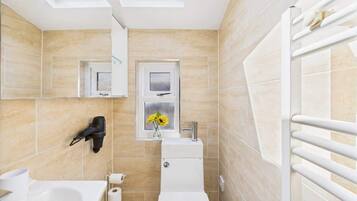 Hair dryer, towels, soap, toilet paper