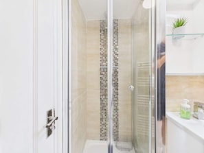 Um chuveiro com paredes de vidro e revestimento de azulejos, porta branca e uma pequena planta numa prateleira.