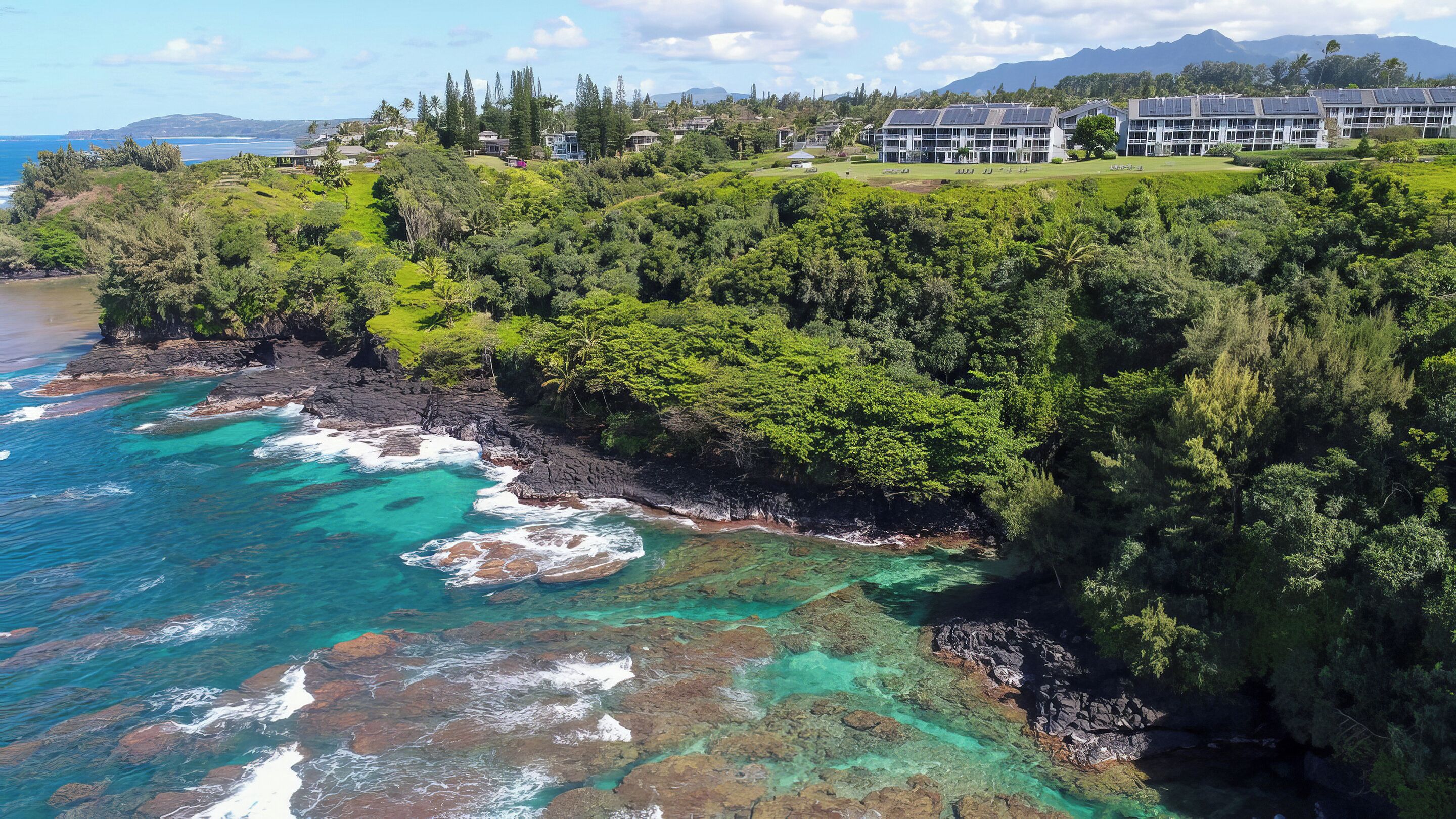A coastal resort with ocean views, lush greenery, and modern buildings.