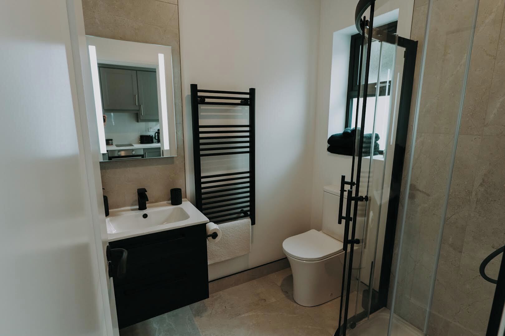 Hair dryer, towels, soap, toilet paper