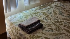 Una camera da letto con un letto, tende, un comodino con una lampada e una finestra vista verde.