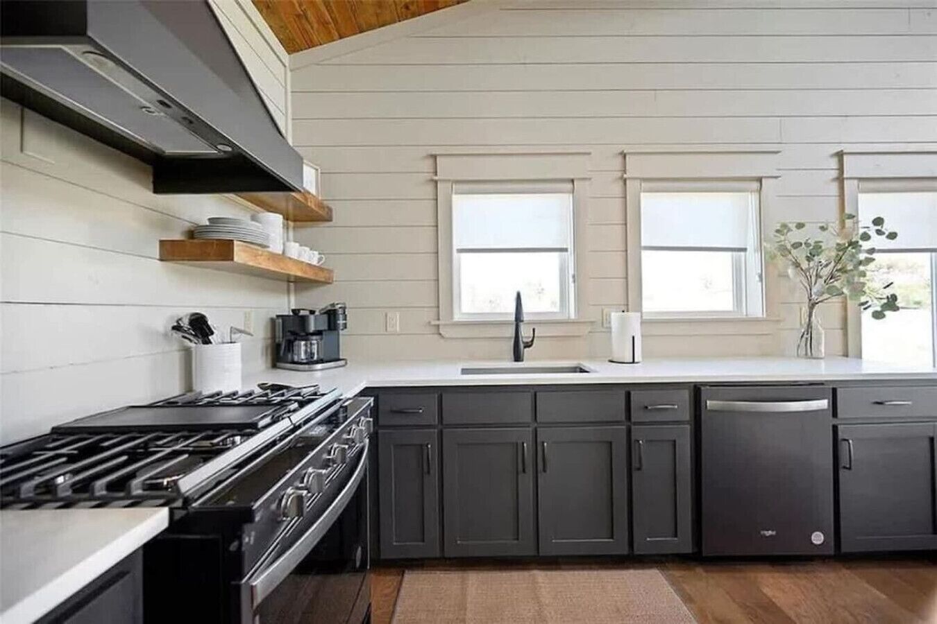 A kitchen with a stove, dishwasher, and two windows.