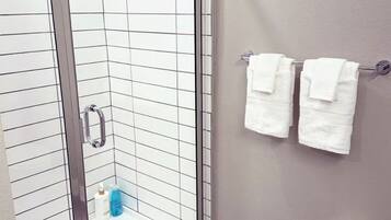 Hair dryer, towels, soap, toilet paper