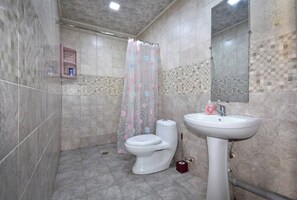 Ein Badezimmer mit Toilette, Waschbecken und Duschvorhang.