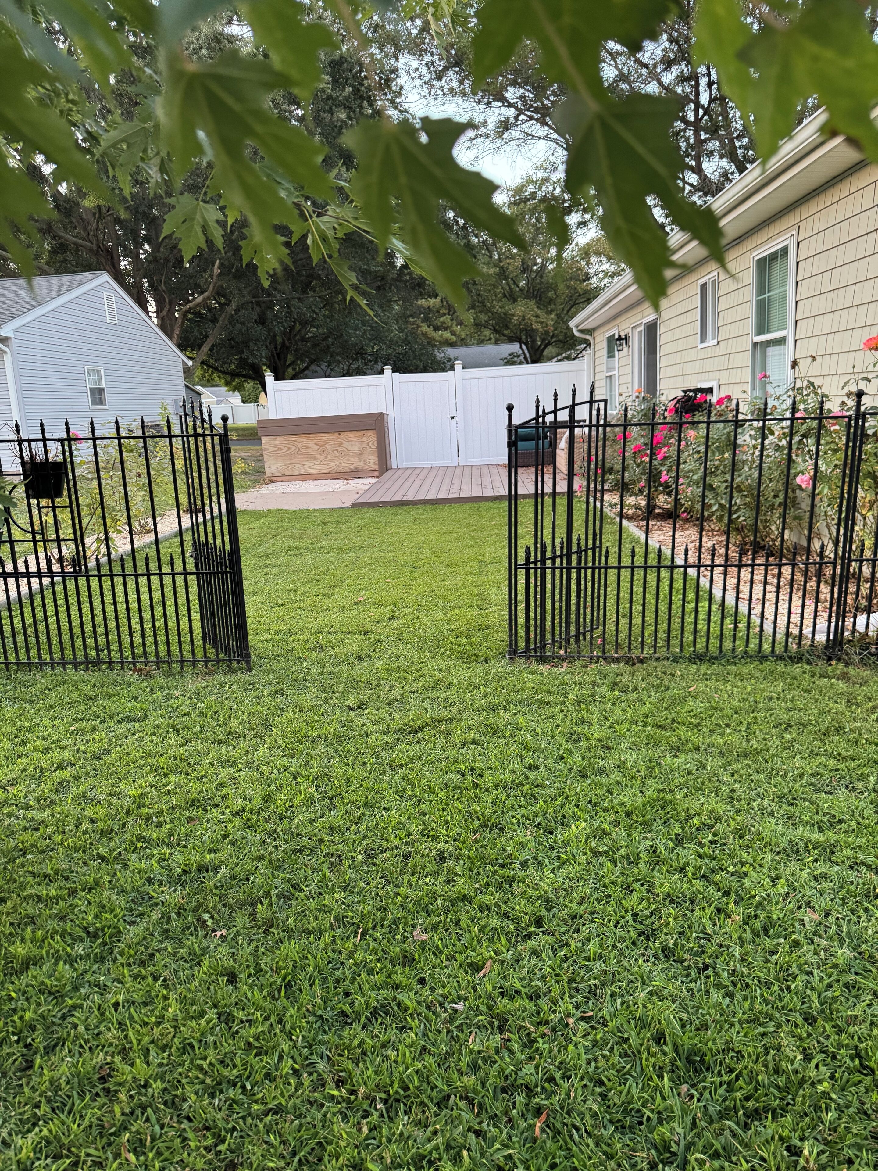 A well-maintained backyard with a wooden deck, a white fence, and a black metal gate.