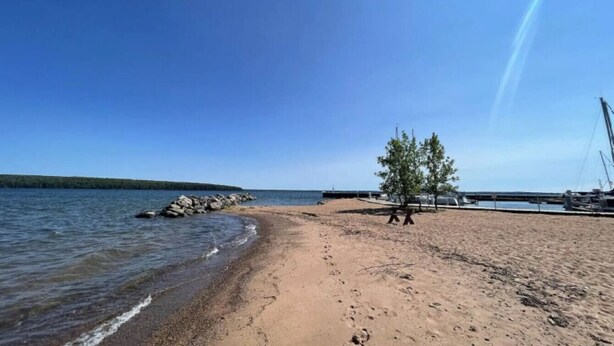 A beach with clear skies, a sandy shore, a tree, and a dock with boats. - Meadow Rue Retreat @ Brickyard Creek (Bayfield)