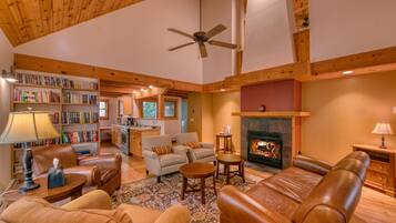 TV, fireplace, books