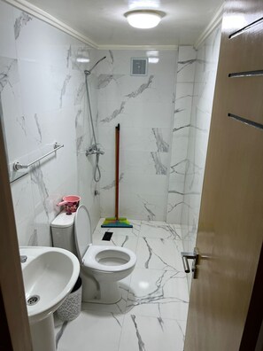 Shower, towels, soap, toilet paper