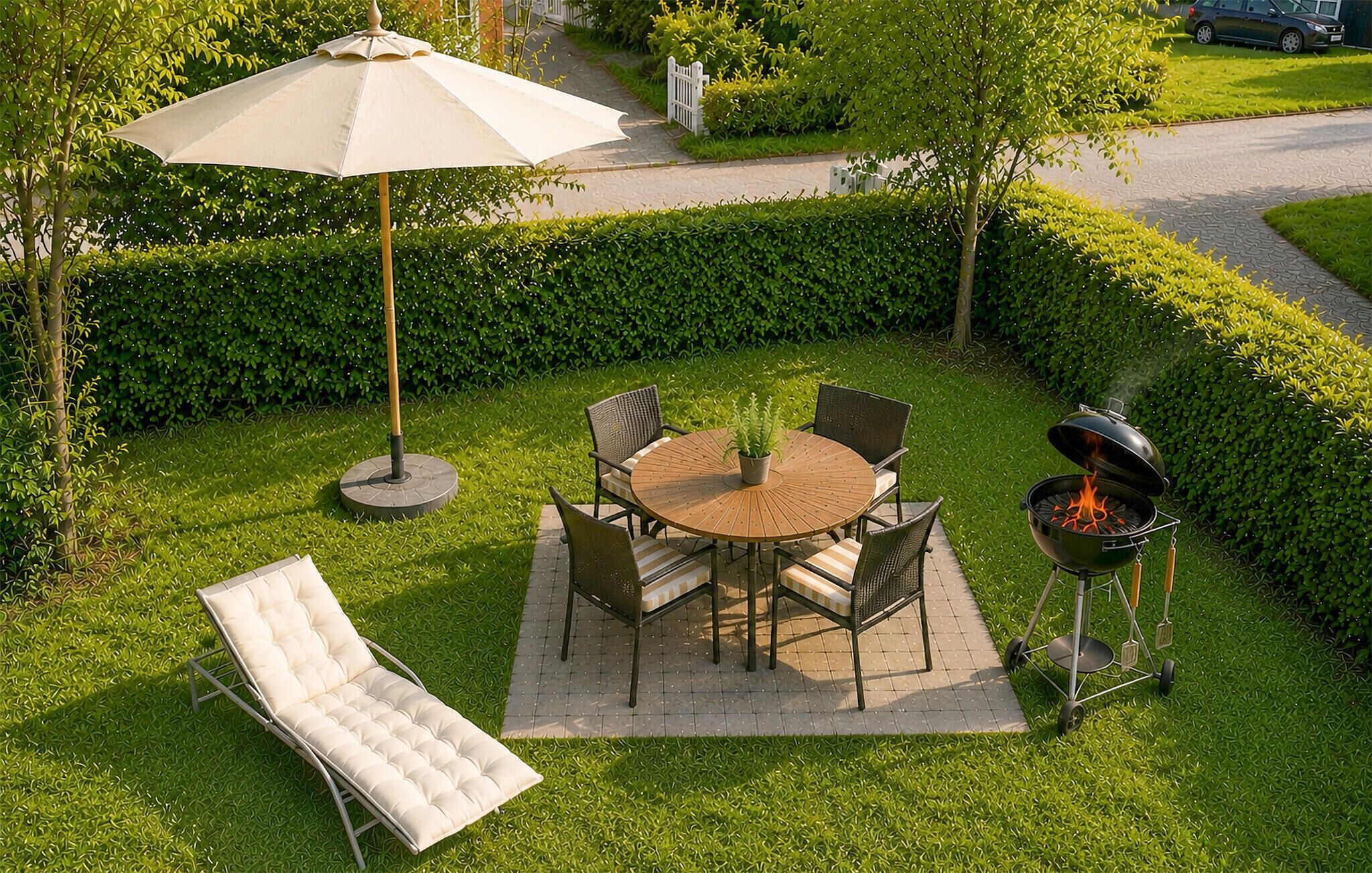 Een terras met een ronde tafel, stoelen, een barbecue en een lounge stoel.