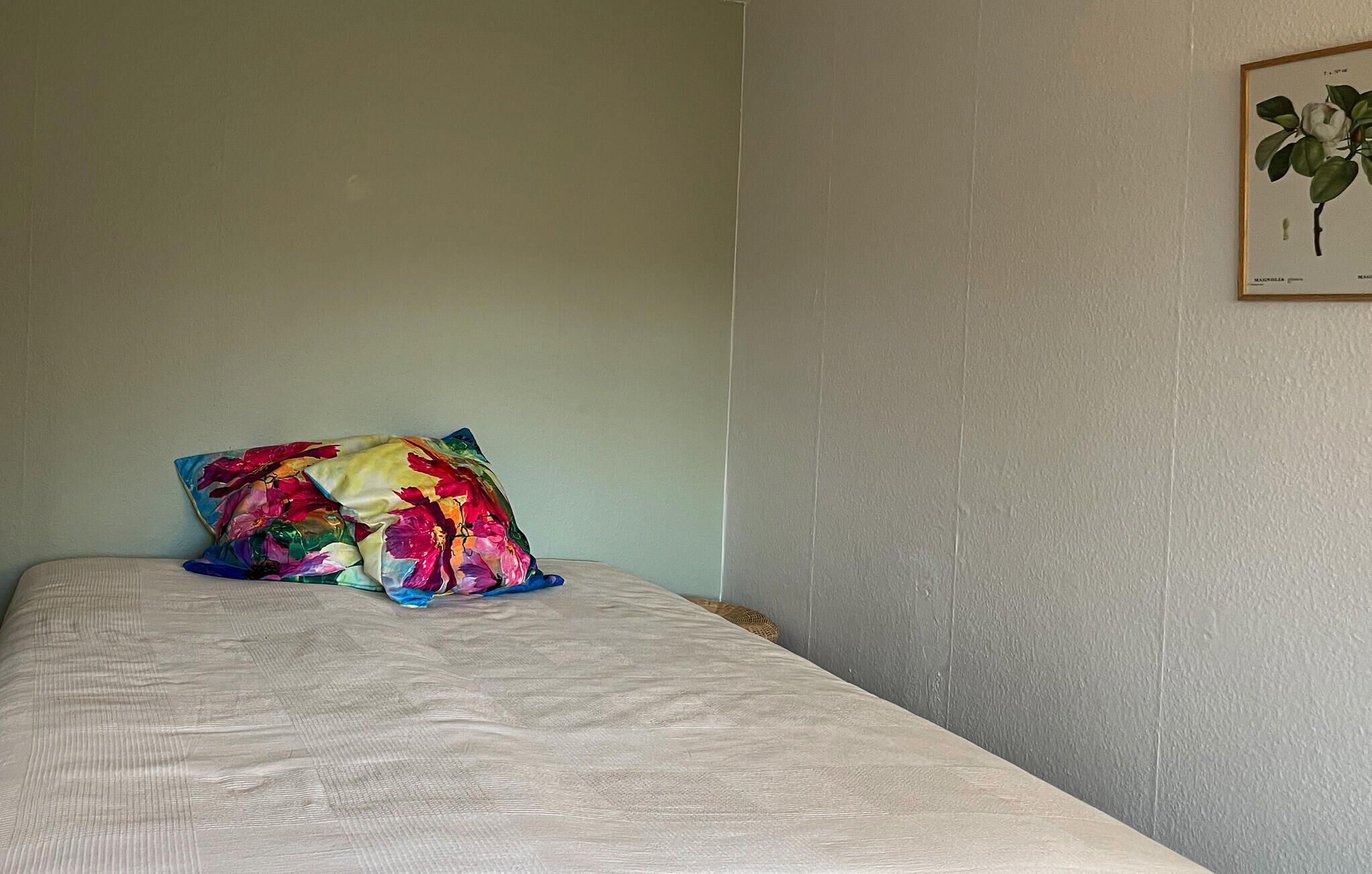 A single bed with a colorful floral pillow, a framed botanical print on the wall, and a plain wall.