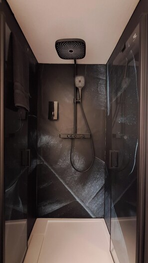 Douche, séchoir à cheveux, serviettes fournies, savon