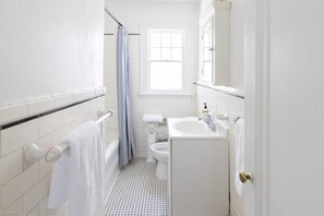 Hair dryer, towels, soap, toilet paper