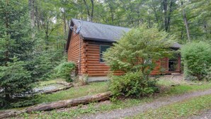 Une cabane en rondins surmontée d’un toit en métal, entourée d’une forêt dense.