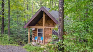 Une cabane en rondins avec un porche, deux chaises bleues et une pancarte sur laquelle on peut lire : « CABANE AMÉNAGÉE À PARTIR D’UN CONTENEUR ».