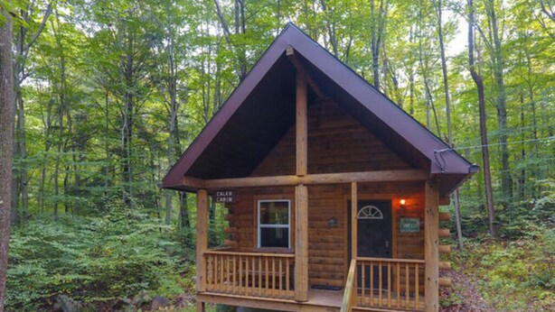 Une cabane en bois dotée d’une véranda et d’un escalier, entourée d’une forêt.