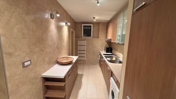 Full-size fridge, oven, stovetop, dishwasher