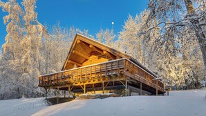 Una cabaña de madera con techo inclinado, rodeada de árboles cubiertos de nieve.