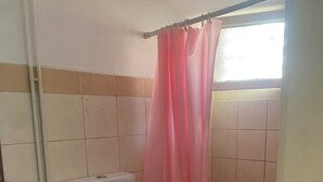Ein Badezimmer mit Toilette, Waschbecken und Duschvorhang.