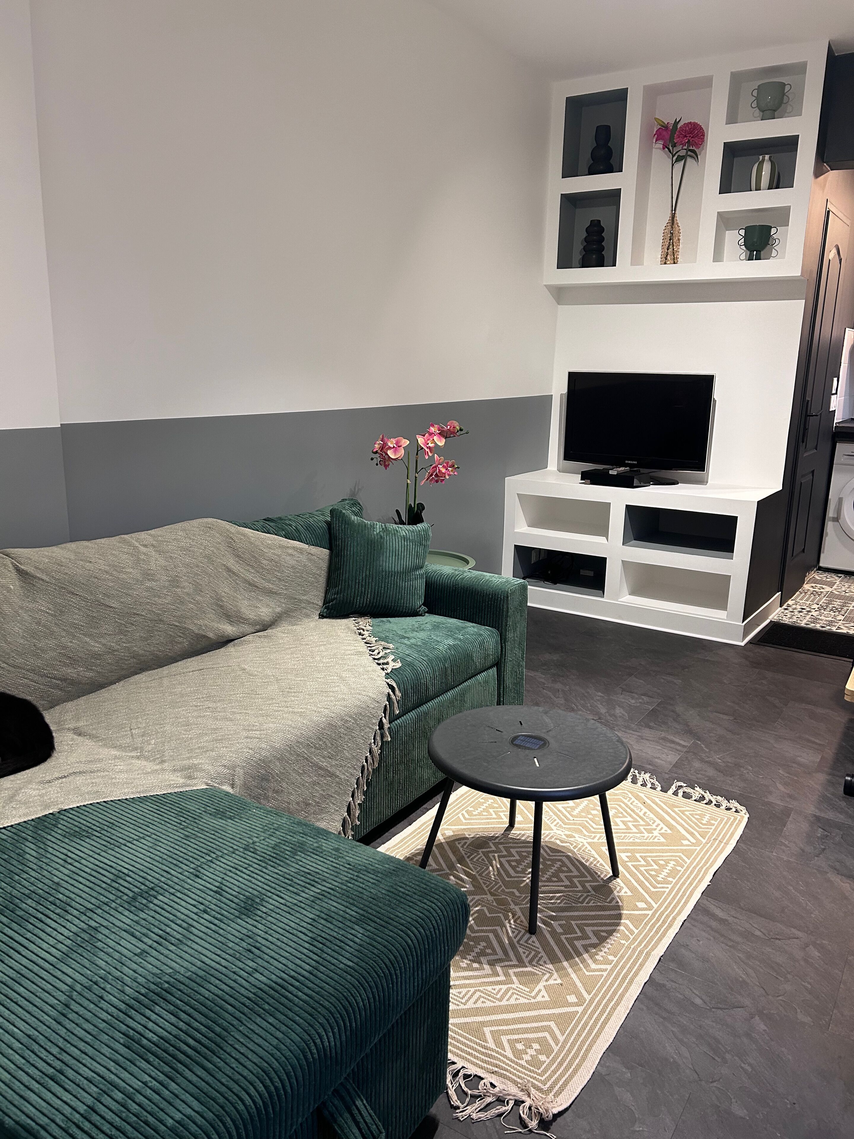 Uma sala de estar moderna com esquema de cores cinza e branco, um sofá verde, uma mesa redonda pequena e uma televisão de tela plana sobre um suporte branco.