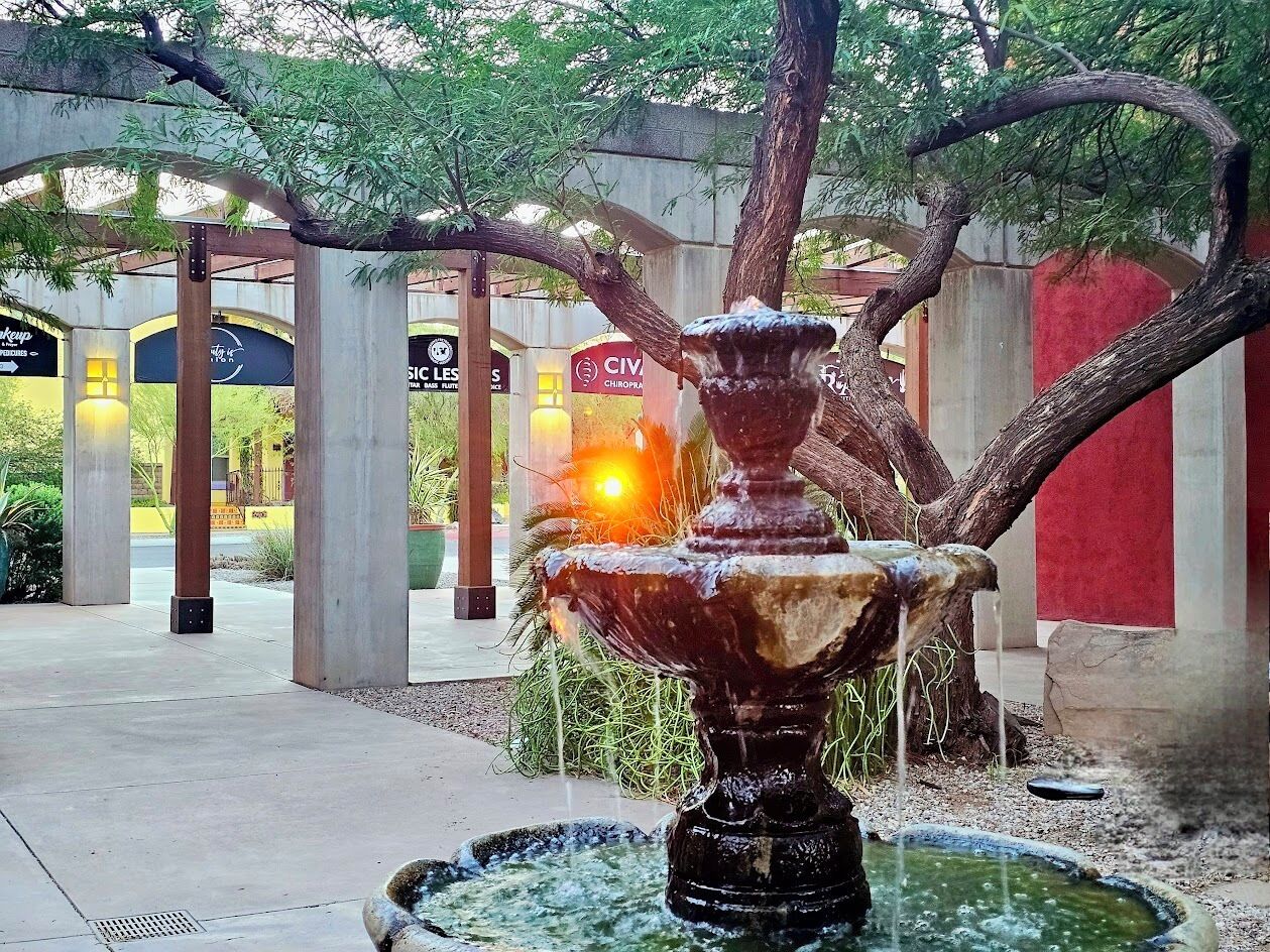 A fountain with water flowing into a circular basin, surrounded by a pergola structure and trees.