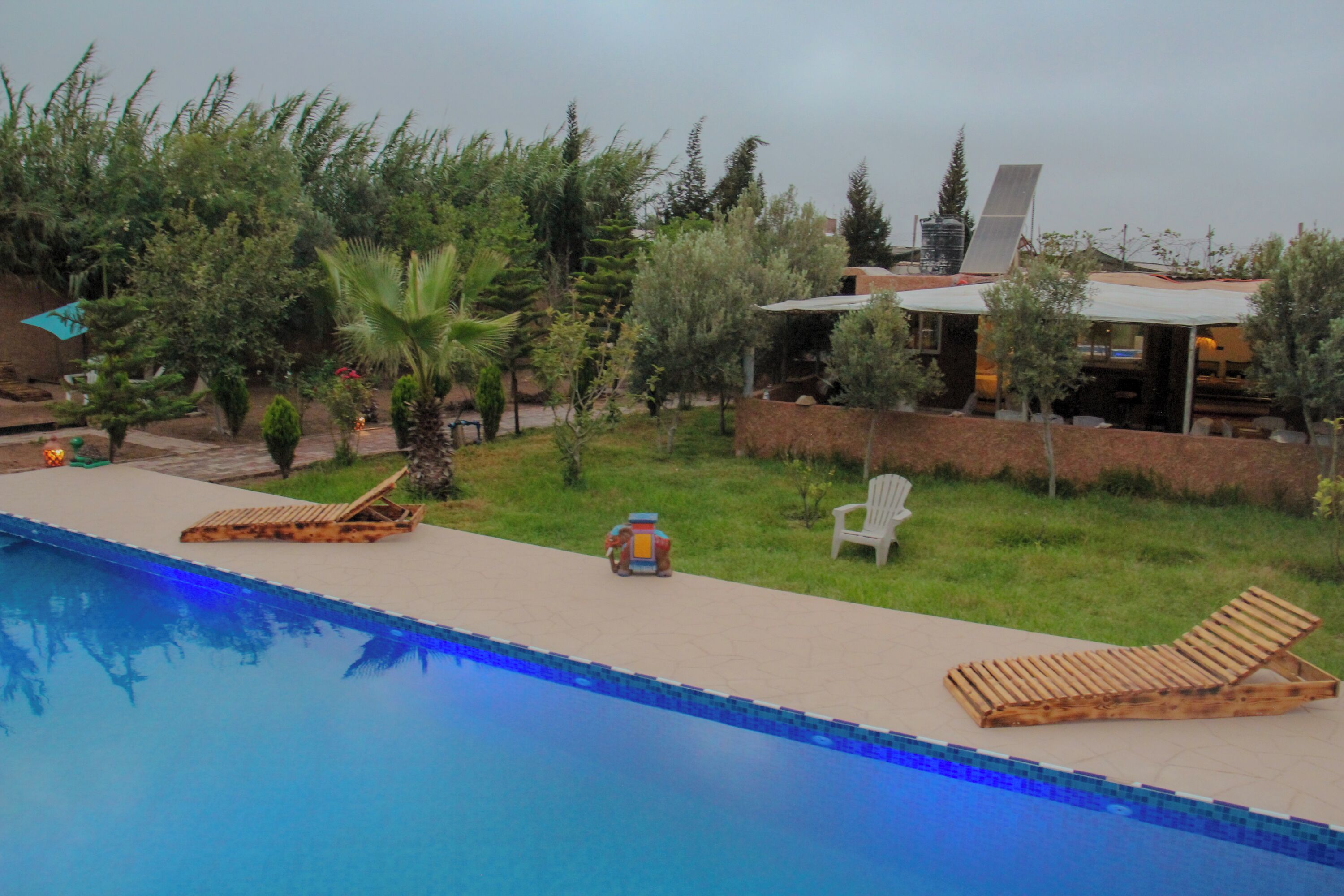 A swimming pool with lounge chairs, a small garden area, and a building with a sloped roof.