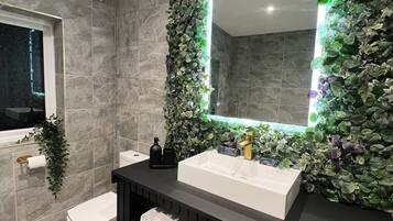 Hair dryer, towels, soap, toilet paper