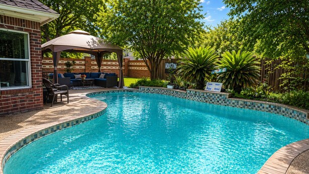 A swimming pool with a tiled edge, surrounded by a brick deck, a covered seating area, and lush greenery. - Luxurious 6-bedroom house with pool, grand piano and massage chair in Houston (Houston)