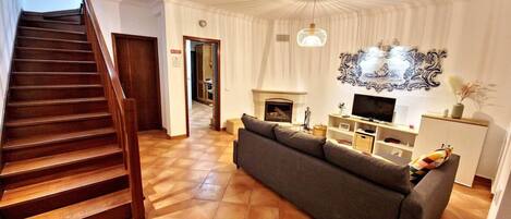 TV connectée, cheminée, livres