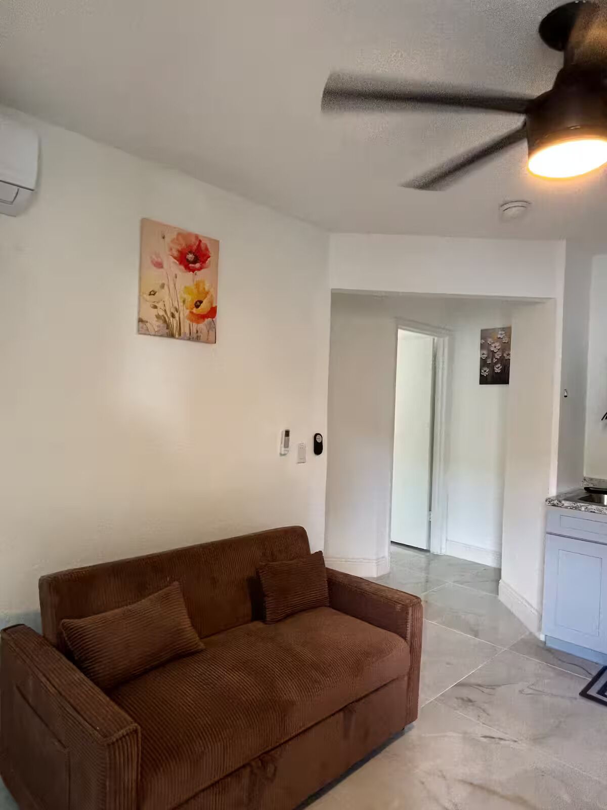 A living room with a brown sofa, a ceiling fan, and a painting on the wall.