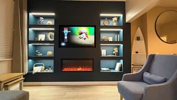 Smart TV, fireplace, DVD player, books