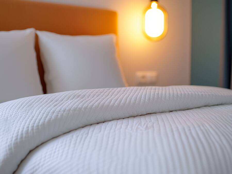 A neatly made bed with a textured white duvet, a wooden headboard, and a wall-mounted light fixture.