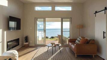 Smart TV, fireplace, books, stereo