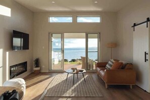 Smart TV, fireplace, books, stereo