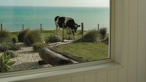 A window view of a cow grazing by the sea, with a clear sky and a grassy area in the foreground. - Couples Luxury Retreat with Ocean Views and Outdoor Bath (Penguin)