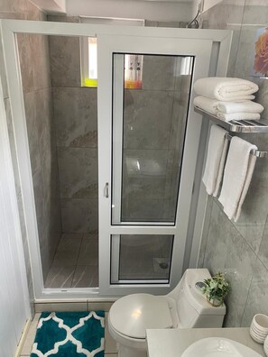 Dusche, Haartrockner, Handtücher, Seife