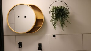 Un bagno con uno specchio rotondo, una pianta sospesa e una bottiglia di sapone per le mani.