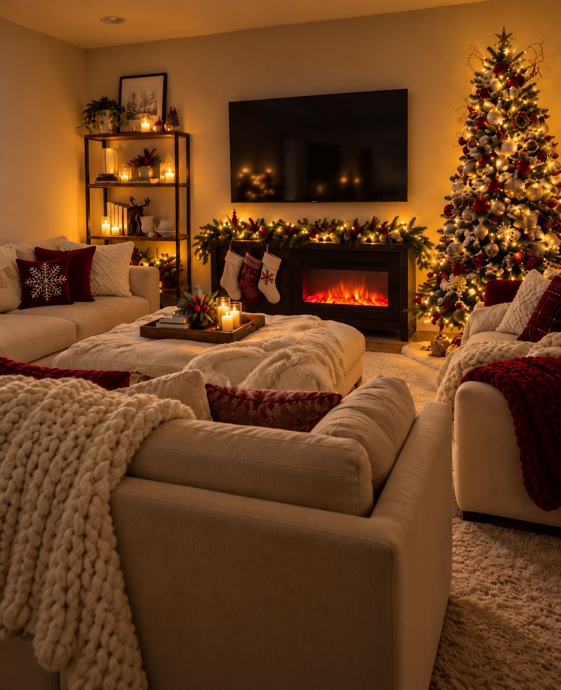 A cozy living room with a fireplace, a Christmas tree, and a television.