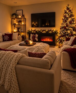 A cozy living room with a fireplace, a Christmas tree, and a television. - Magical Retreat: Private Swim Spa-Hot Tub• Fire Pits•Romantic Escape• Family Fun (Salem)