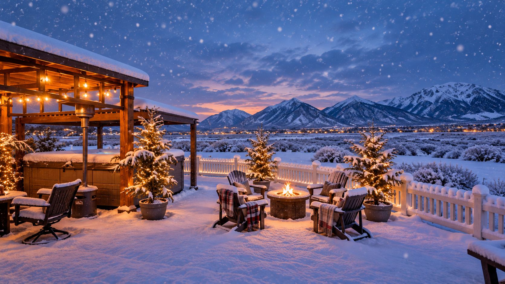 A snow-covered outdoor seating area with chairs and a fire pit, surrounded by snow-covered trees and mountains in the background.