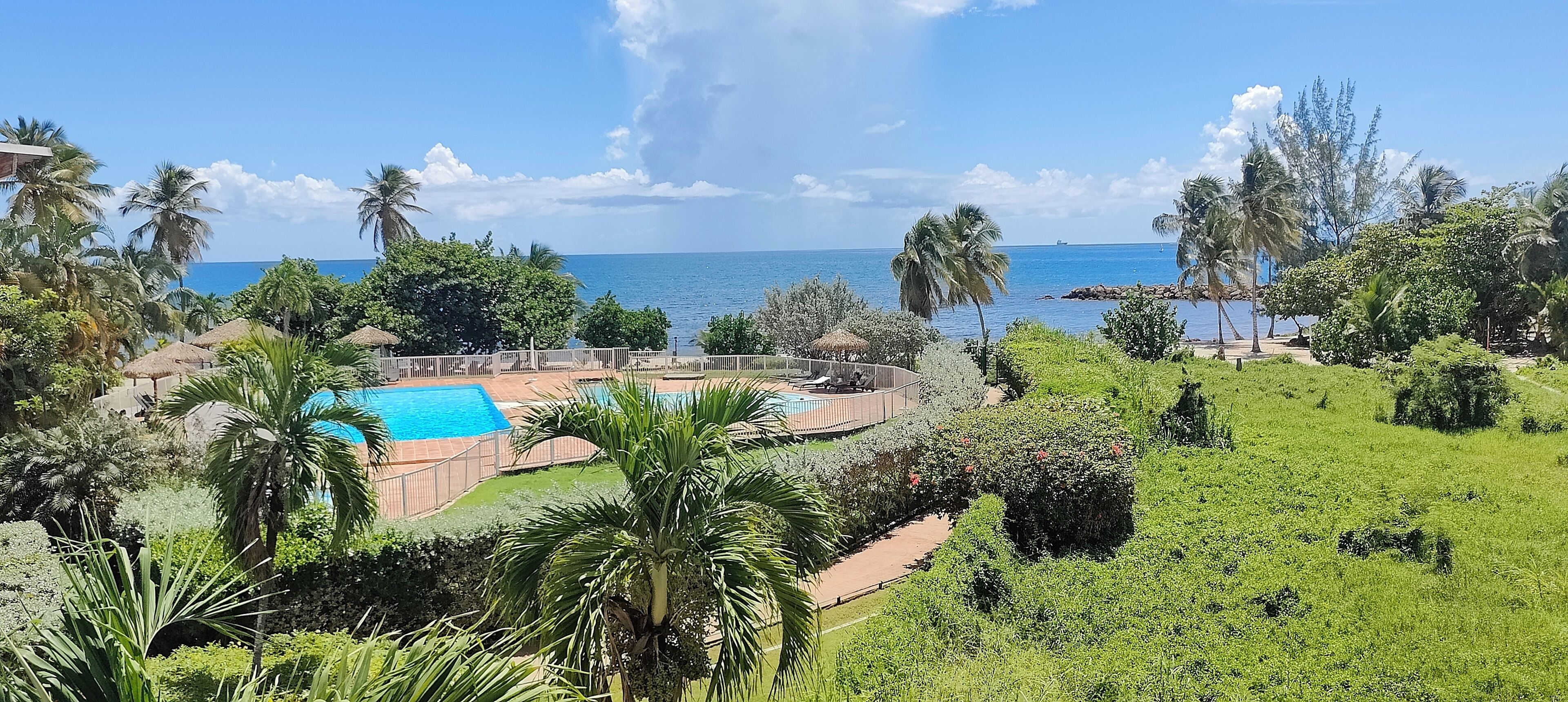 Ein Resort mit Schwimmbad, üppiger Bepflanzung und Meerblick.