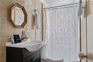 Douche, séchoir à cheveux, serviettes fournies, savon