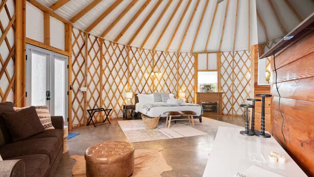 Ein gemütliches Interieur mit einem Bett, einer Couch, einer Holzwand und einem kleinen Tisch.