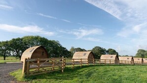 Een rij houten hutten met schuine daken, elk met een klein raam, gelegen in een grasveld met bomen op de achtergrond.