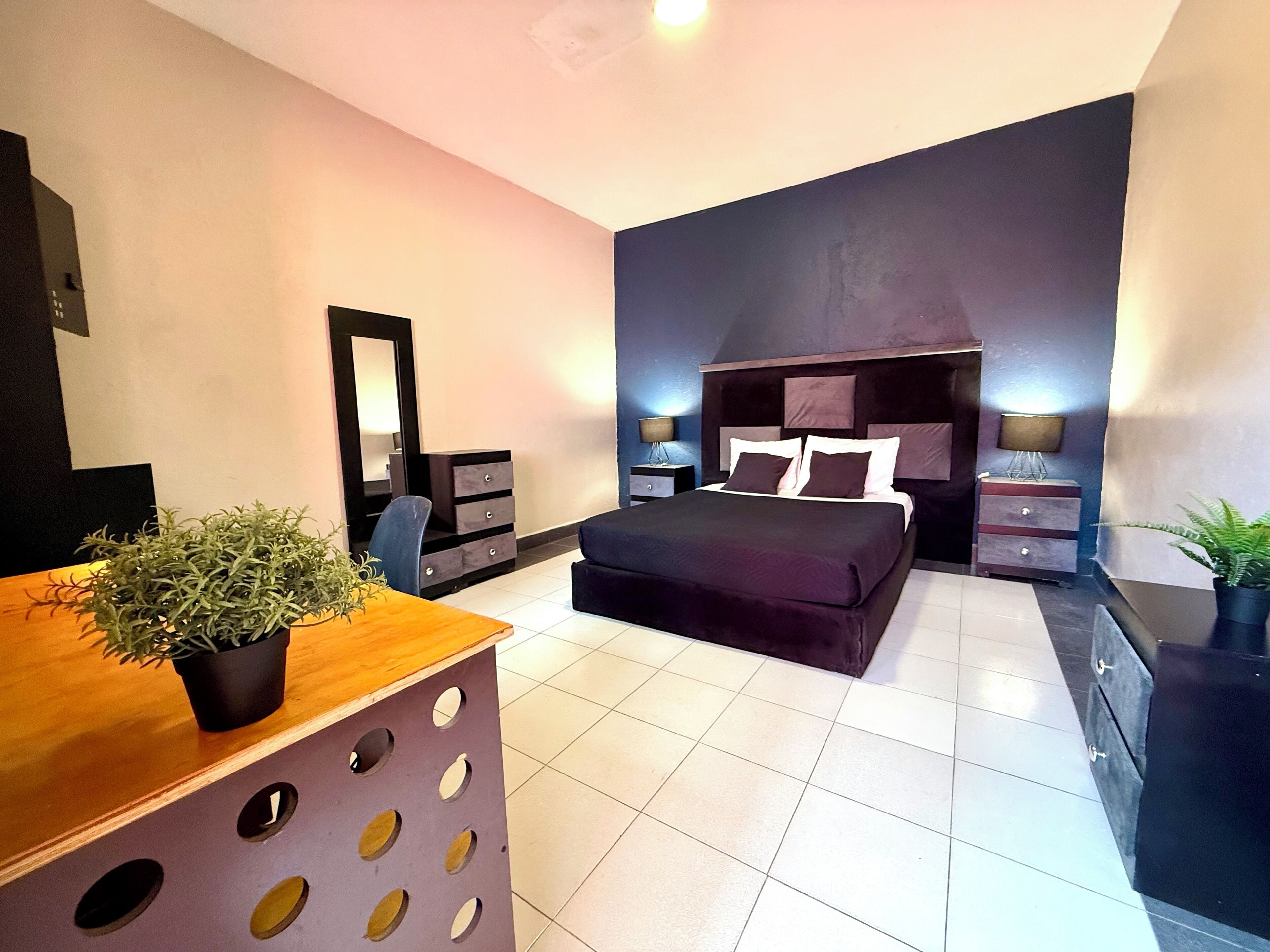 Une chambre à coucher moderne avec un grand lit, une commode, un miroir et une plante en pot.