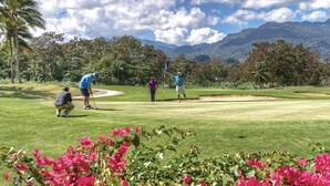 A golf course with lush greenery, palm trees, and mountains in the background. - Ocean & Mountain Views and Exclusive Beach Access in a Tropical Studio Suite (Rio Grande)