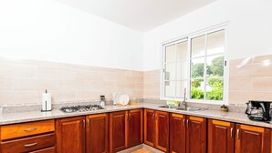Una cocina con armarios de madera, estufa a gas, lavamanos y ventana con vistas al follaje.