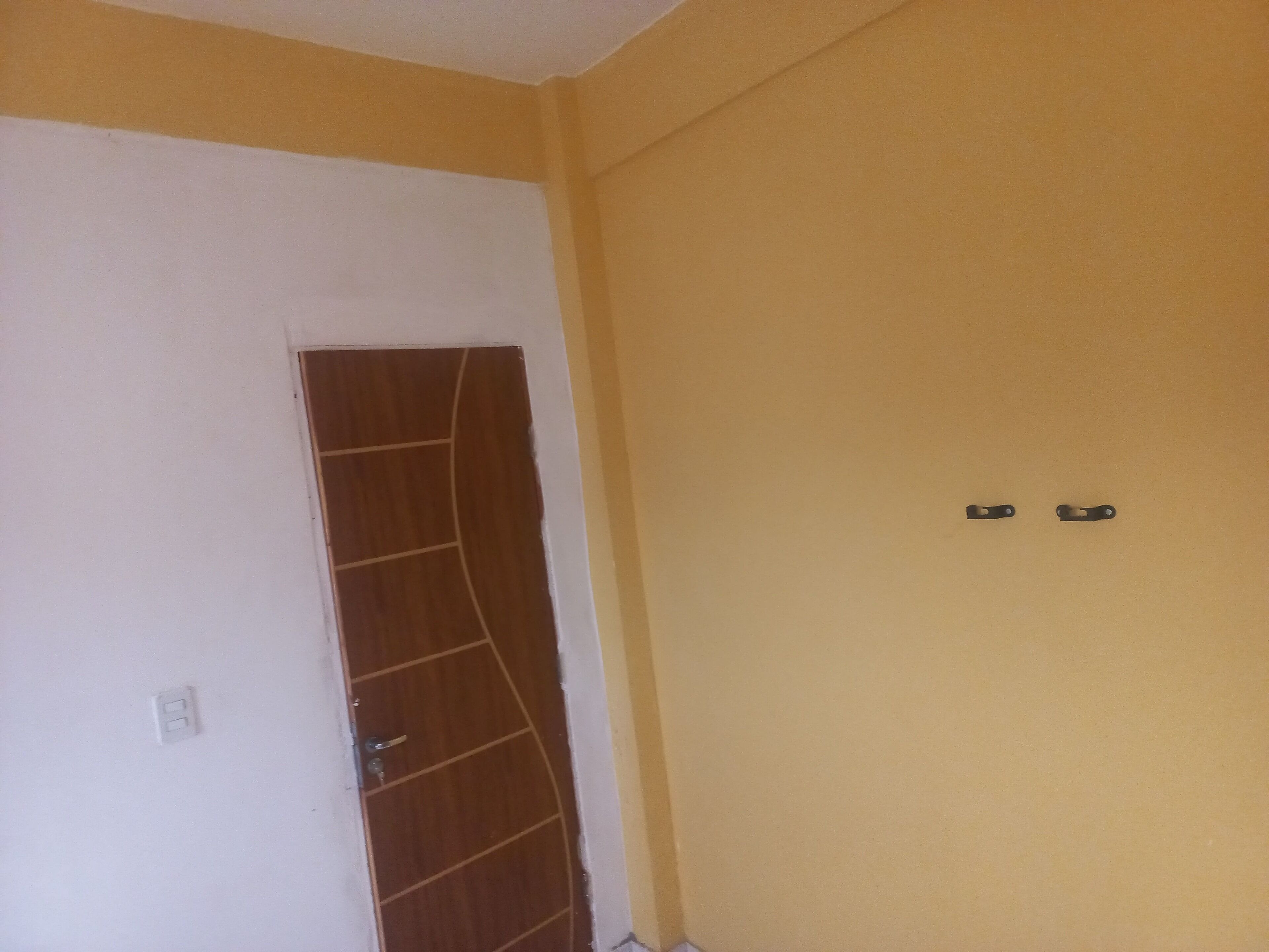 A room with a door, a light switch, and a wall socket.
