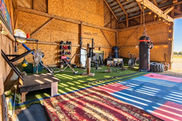 A gym with various exercise equipment, a punching bag, and a colorful rug. - Estate for 27 people with SPA and Festive BARN (Sainte-Ursule)